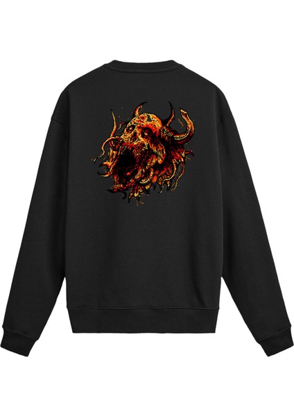 Sırt Baskılı Death Metal Alevli Kurukafa Sweatshirt