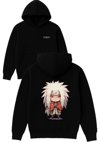 Turuncu Ceketli Anime Tasarım Baskılı Oversize Siyah Kapüşonlu Sweatshirt
