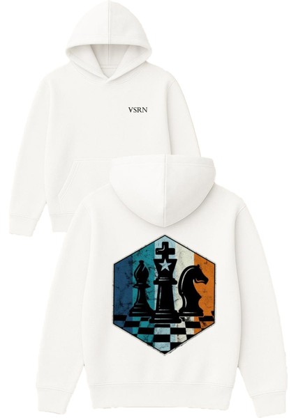 Satranç Şah Tasarım Baskılı Oversize Beyaz Kapüşonlu Sweatshirt