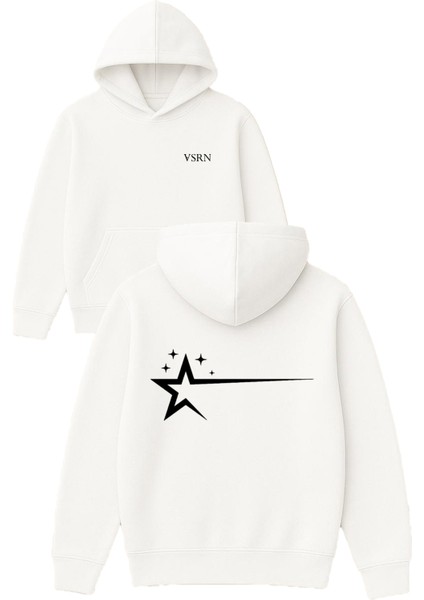 Yıldız Kayması Tasarım Baskılı Oversize Beyaz Kapüşonlu Sweatshirt