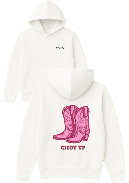 Gıddy Up Tasarım Baskılı Oversize Beyaz Kapüşonlu Sweatshirt