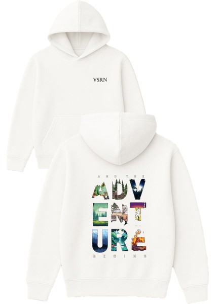 Adventure Doğa Tasarım Baskılı Oversize Beyaz Kapüşonlu Sweatshirt
