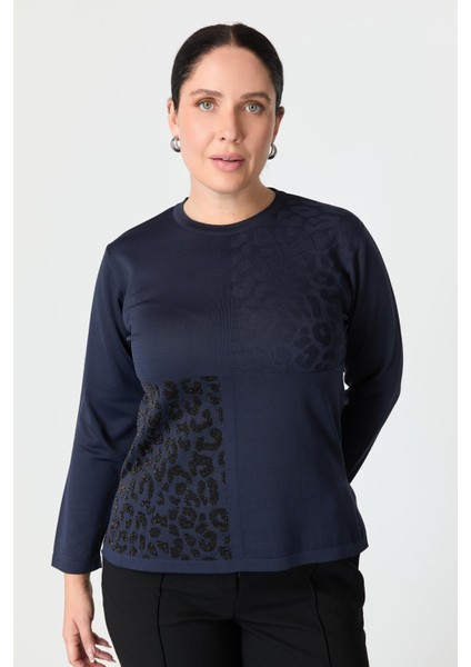 Büyük Beden Leopar Desenli Triko Kazak-Lacı
