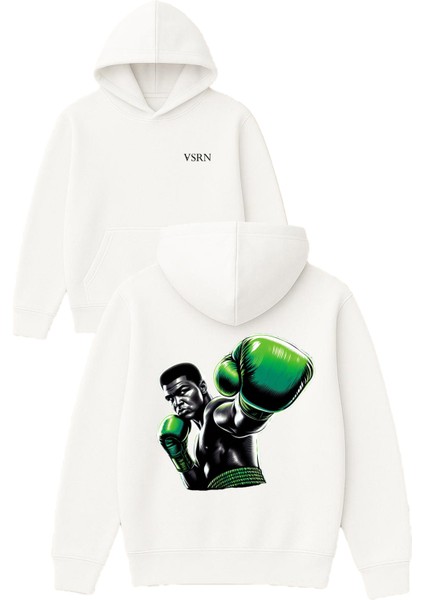 Yeşil Eldivenli Muhammed Ali Tasarım Baskılı Oversize Beyaz Kapüşonlu Sweatshirt