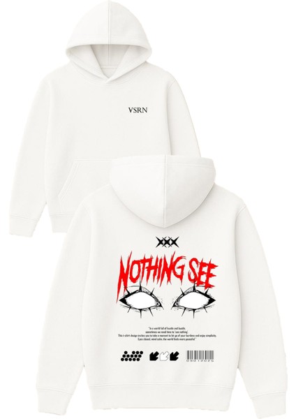 Nothıng See Tasarım Baskılı Oversize Beyaz Kapüşonlu Sweatshirt