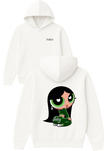 Yeşil Takımlı Juıcy Tasarım Baskılı Oversize Beyaz Kapüşonlu Sweatshirt