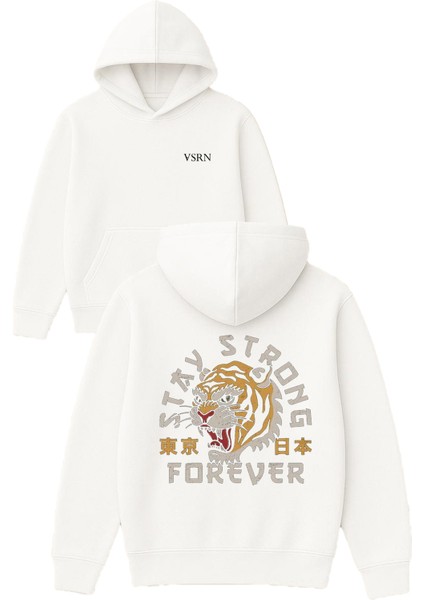 Stay Strong Tasarım Baskılı Oversize Beyaz Kapüşonlu Sweatshirt
