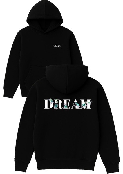 Dream Çiçekli Tasarım Baskılı Oversize Siyah Kapüşonlu Sweatshirt