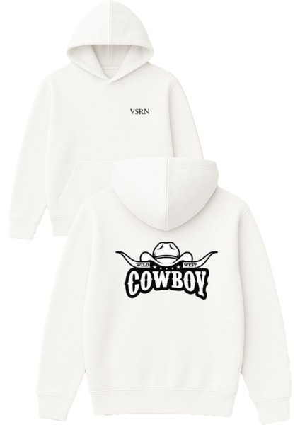 Wıld Cowboy West Tasarım Baskılı Oversize Beyaz Kapüşonlu Sweatshirt