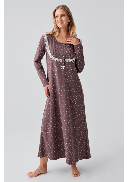 Uzun Kollu Desenli Düğmeli Esnek Pamuklu Gecelik 18101