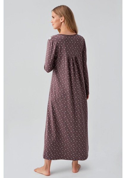 Uzun Kollu Desenli Düğmeli Esnek Pamuklu Gecelik 18101 modelleri