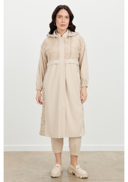 Büyük Beden Dantel Detay Tunik-Bej