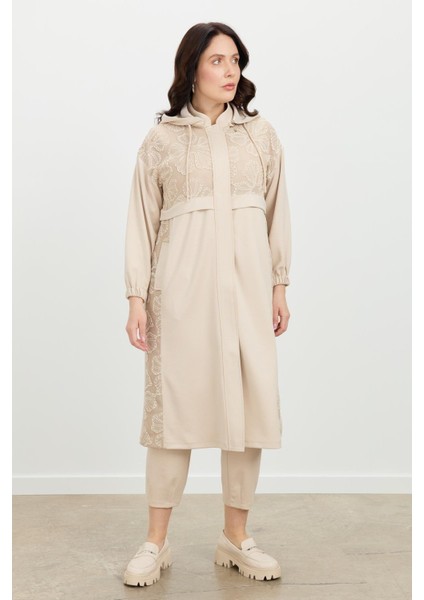 Büyük Beden Dantel Detay Tunik-Bej