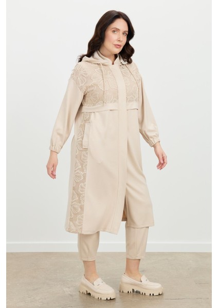 Büyük Beden Dantel Detay Tunik-Bej