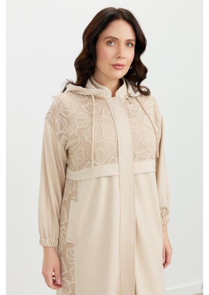 Büyük Beden Dantel Detay Tunik-Bej