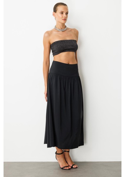 Korsajlı Büzgülü Uzun Etek-Siyah fırsatları