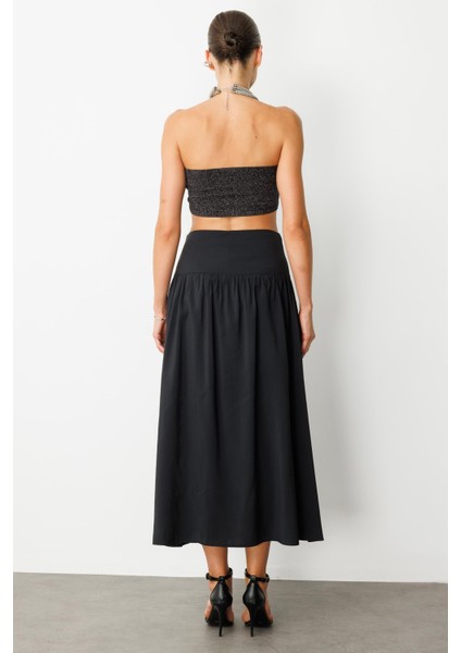 Korsajlı Büzgülü Uzun Etek-Siyah indirimleri