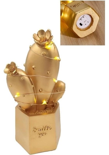 LED Işıklı Sevimli Kaktüs Dekoratif Masa Ası Mini Biblo Gece Ası Gold
