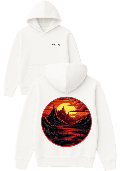 Dag Manzarası Tasarım Baskılı Oversize Beyaz Kapüşonlu Sweatshirt