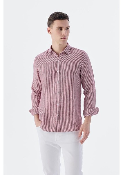 Bordo Comfort Fit Çizgilli %100 Keten Gömlek