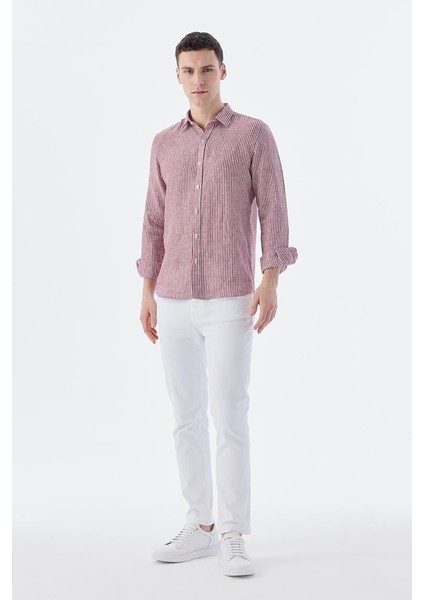 Bordo Comfort Fit Çizgilli %100 Keten Gömlek fiyatları