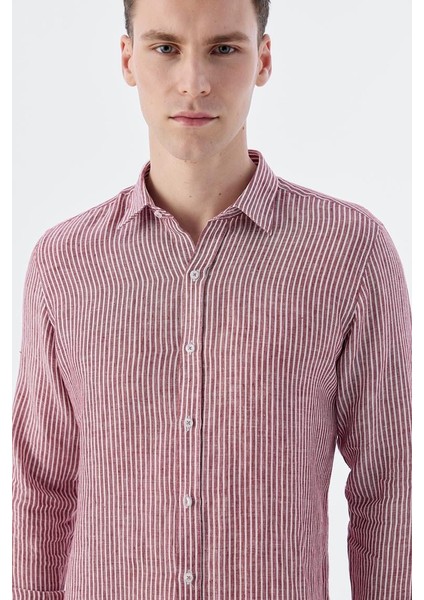 Bordo Comfort Fit Çizgilli %100 Keten Gömlek modelleri