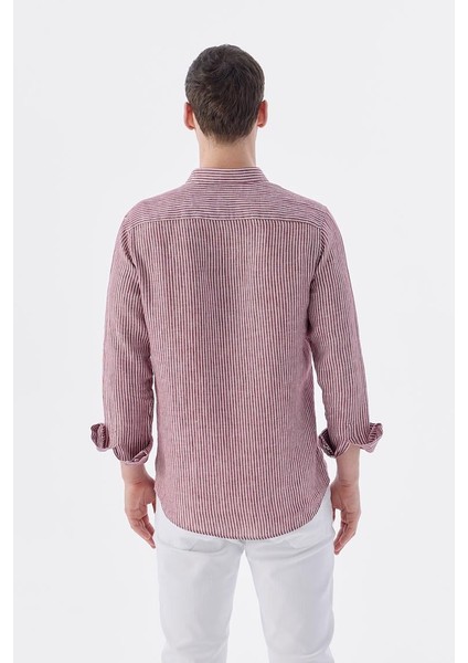 Bordo Comfort Fit Çizgilli %100 Keten Gömlek fırsatları