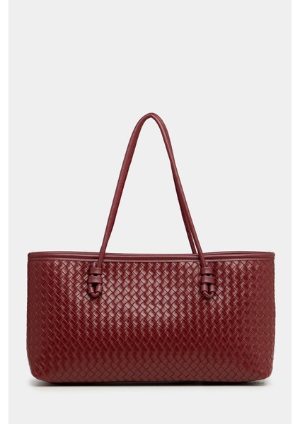 Bordo Kadın Örgü Desenli Pu Deri El ve Omuz Çantası – Zarif Geniş Form