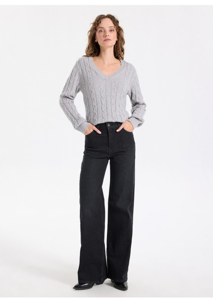V Yaka Basic Saç Örgü Desenli Gri Melanj Kazak Kadın J5WL-KZK7129 fiyatları