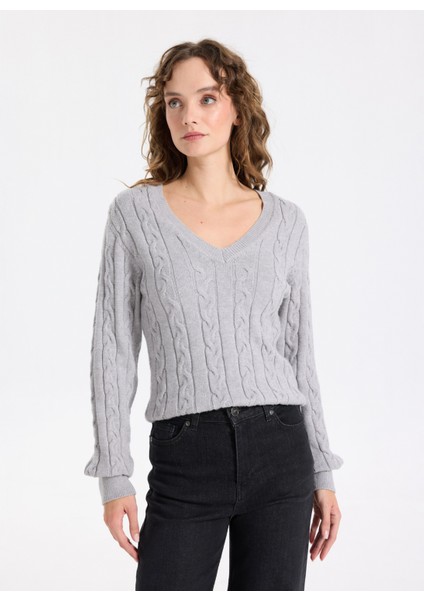V Yaka Basic Saç Örgü Desenli Gri Melanj Kazak Kadın J5WL-KZK7129 modelleri