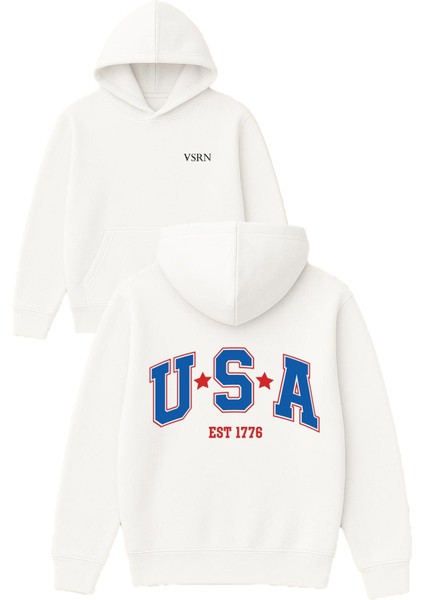Usa Est 1776 Tasarım Baskılı Oversize Beyaz Kapüşonlu Sweatshirt