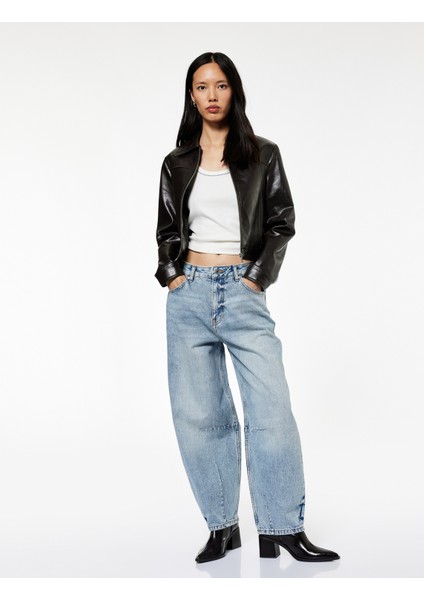 Pamuklu Rahat Kalıp Düğmeli Cepli Balon Jean Pantolon - Balloon Fit Jeans