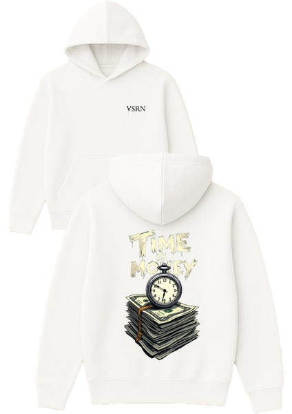 Tıme Is Money Tasarım Baskılı Oversize Beyaz Kapüşonlu Sweatshirt