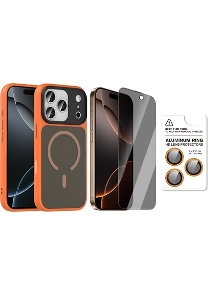 iPhone 17 Pro Max Kılıf Mat Arka Yüzey Wireless Şarj Özellikli Zore Flet M-safe Kapak + Safir Kamera Lens + Hayalet Ekran Koruyucu