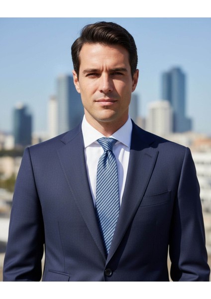 Mavi Çizgili 8 cm Genişliğinde Ipek Kravat