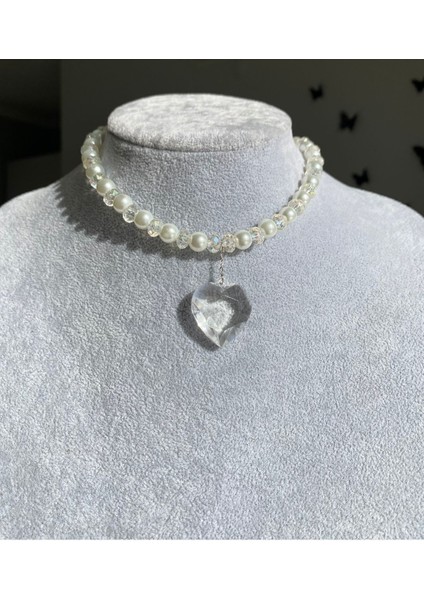 Incili Parlak Taşlı Şeffaf Kalp Kolye