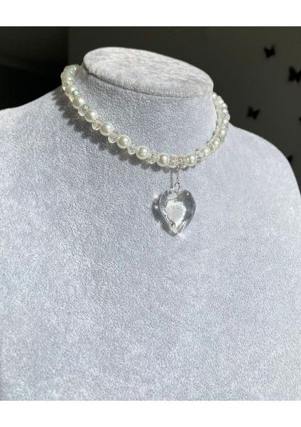 Incili Parlak Taşlı Şeffaf Kalp Kolye fiyatları