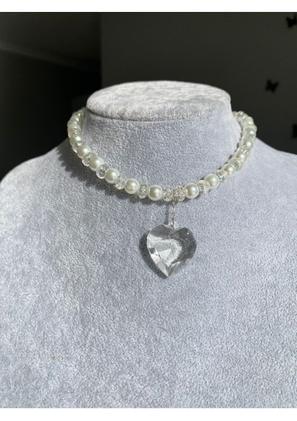 Incili Parlak Taşlı Şeffaf Kalp Kolye modelleri