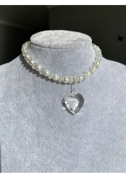 Incili Parlak Taşlı Şeffaf Kalp Kolye fırsatları