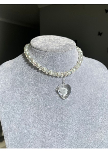 Incili Parlak Taşlı Şeffaf Kalp Kolye indirimleri