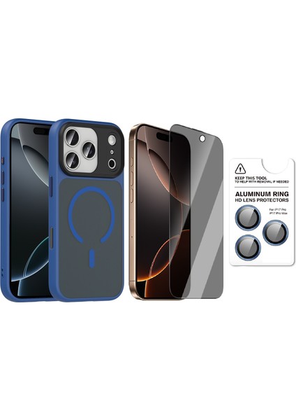 iPhone 17 Pro Max Kılıf Mat Arka Yüzey Wireless Şarj Özellikli Zore Flet M-safe Kapak + Safir Kamera Lens + Hayalet Ekran Koruyucu