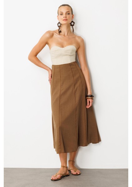 Keten Görünümlü Uzun Kloş Etek-Kahve