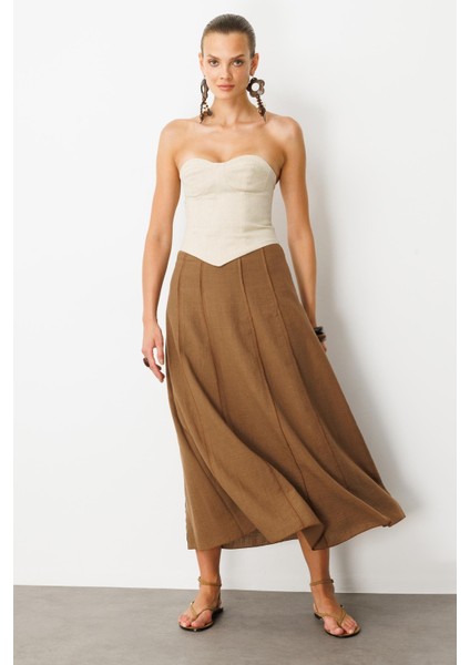 Keten Görünümlü Uzun Kloş Etek-Kahve fiyatları