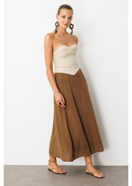 Keten Görünümlü Uzun Kloş Etek-Kahve modelleri