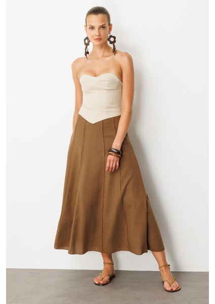 Keten Görünümlü Uzun Kloş Etek-Kahve fırsatları