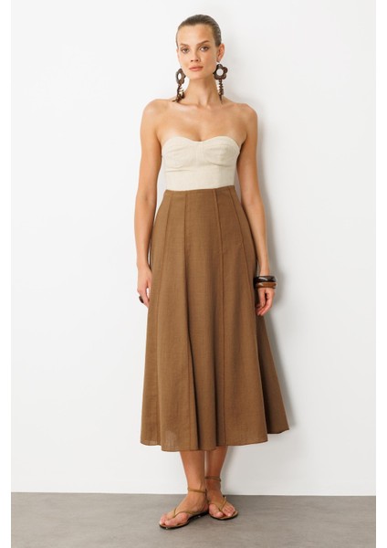 Keten Görünümlü Uzun Kloş Etek-Kahve indirimleri
