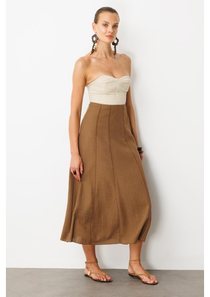 Keten Görünümlü Uzun Kloş Etek-Kahve