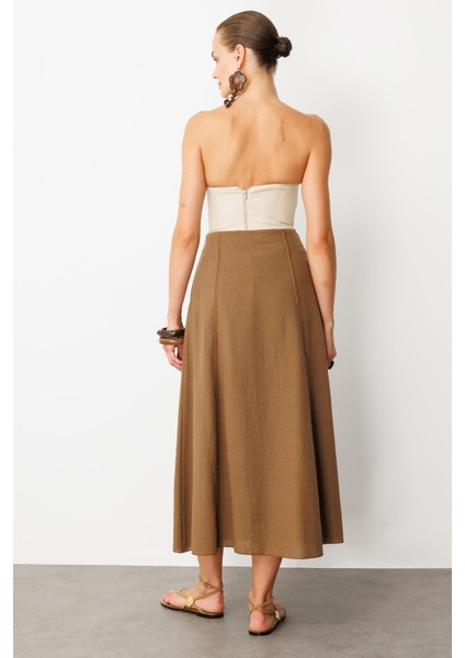 Keten Görünümlü Uzun Kloş Etek-Kahve