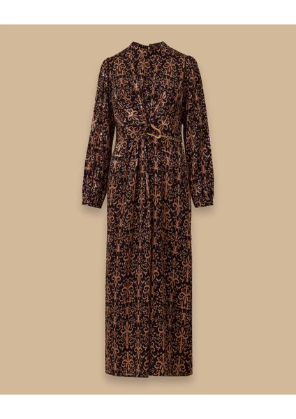 10002521311021 Karından Zincir ve Büzgü Detaylı Jakar Desenli Şık Elbise fırsatları