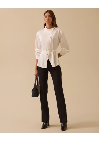 10002521510009 Çapraz Düğmeli Kolu Katlanabilir Şık Tunik